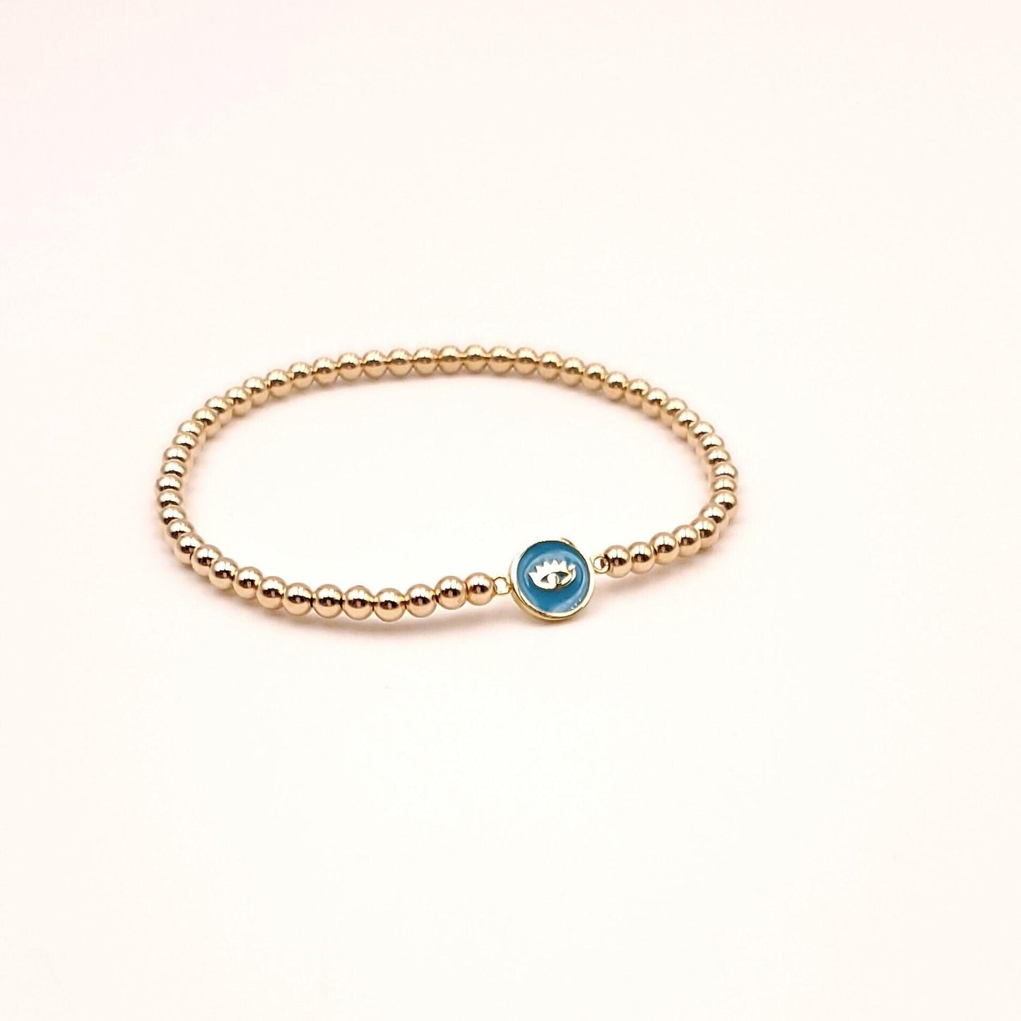 Small Round Enamel Evil Eye Gold Filled Bracelet, Isabella Celini, Gold Filled Beaded, Stretch Stacking Bracelet, Protection Bracelet