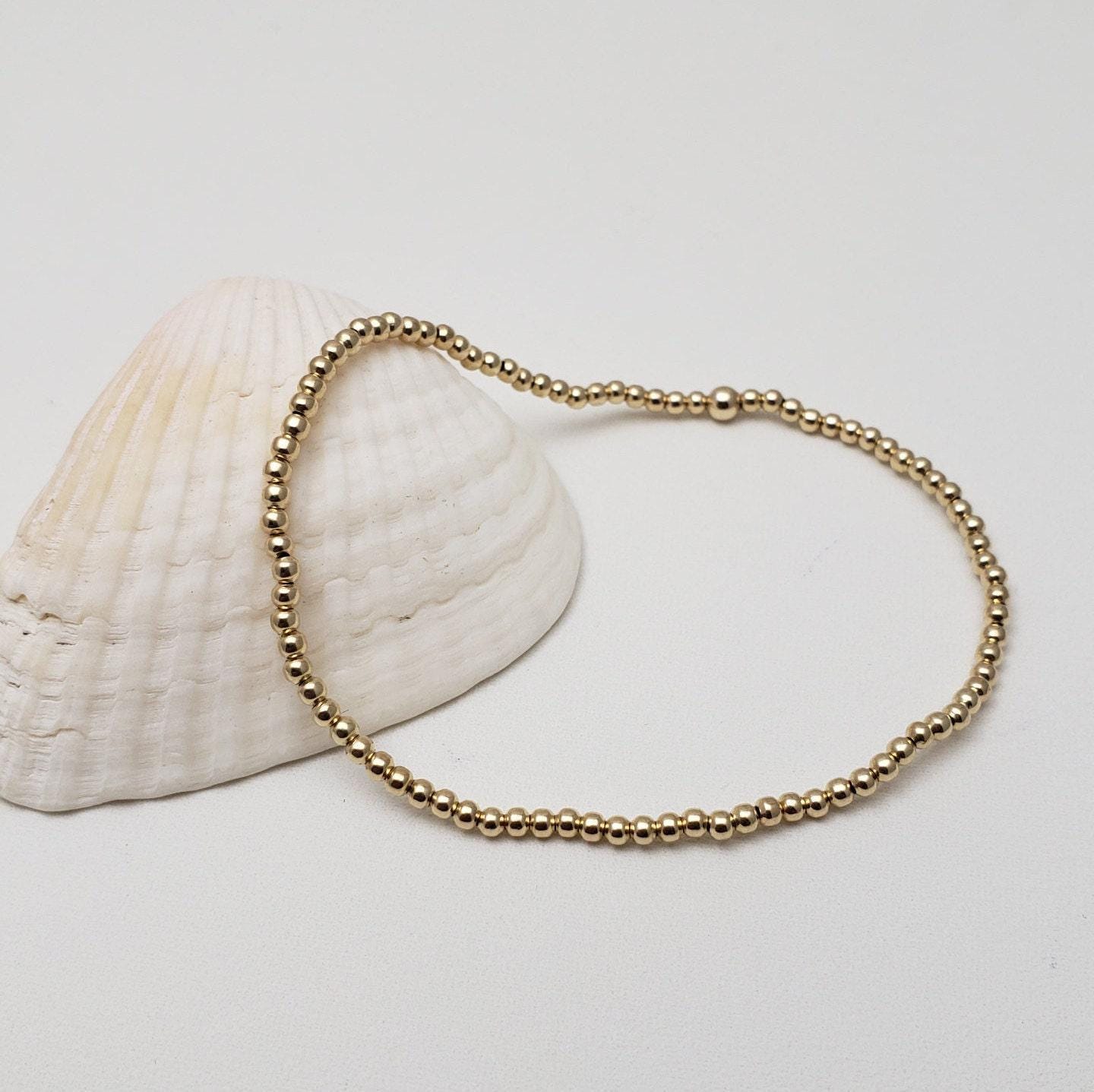 Gold Filled 2mm Beaded Bracelet - Boho  Hippie Style - Stretchy Cord for Layering - Tarnish Free and Waterproof