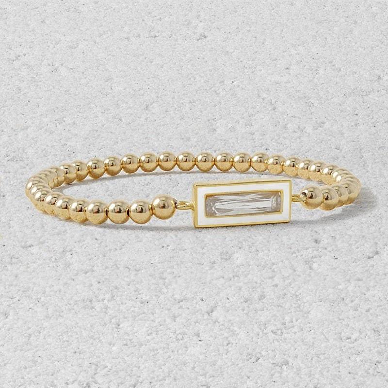 14kt Gold Filled CZ Pendant Bracelet - Beaded Stretch Stackable - Rectangular Design with Enamel