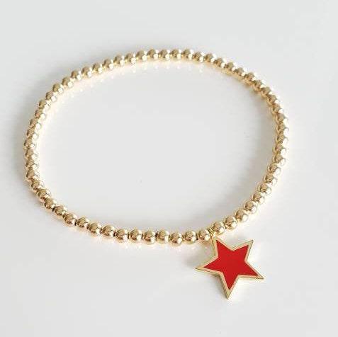 Gold Filled Celestial Charm Bracelet - Enamel Star Stretch Beaded Jewelry by Isabella Celini