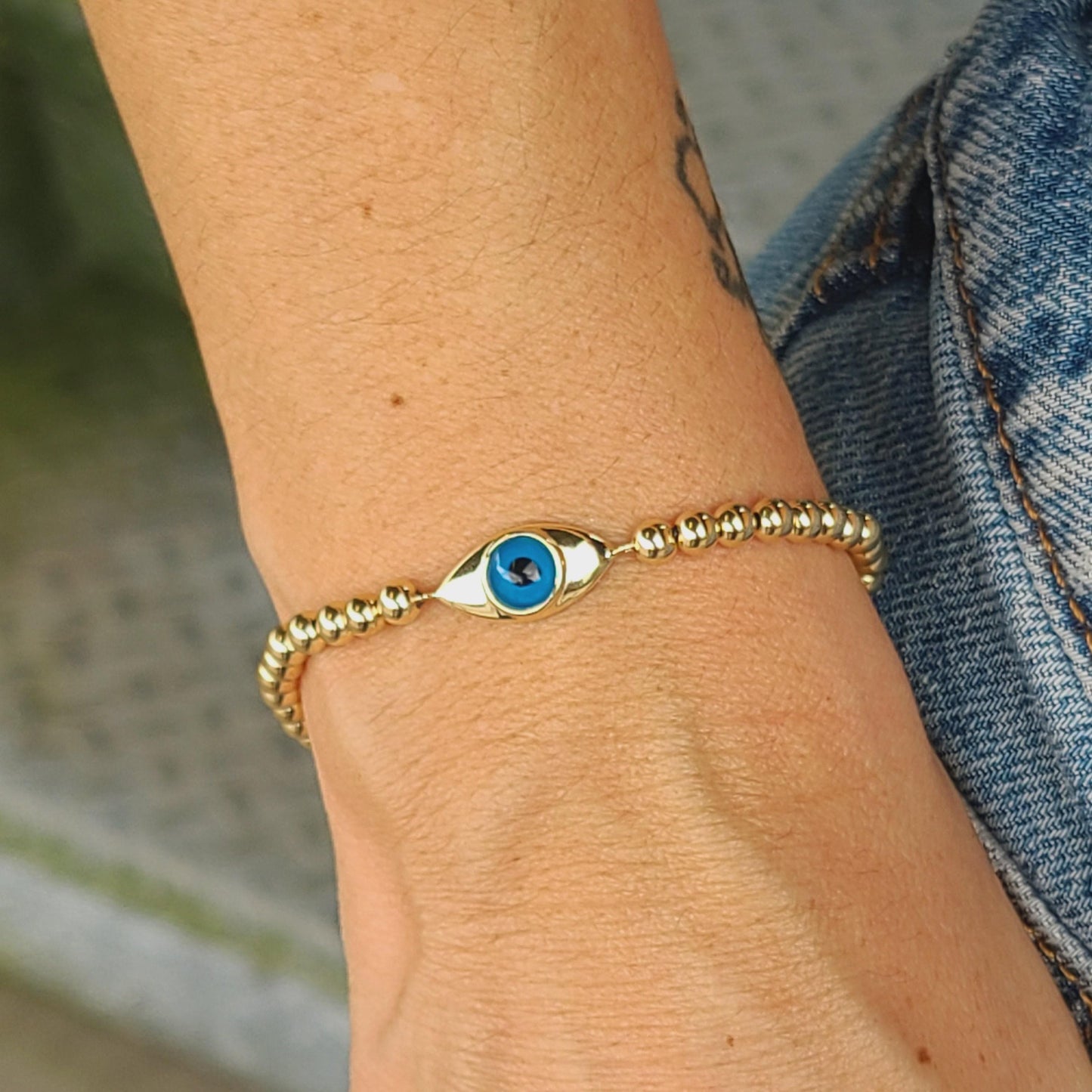 Gold Filled Evil Eye Bracelet - Spiritual Protection and Good Luck - Stackable Stretch Bracelet for Women