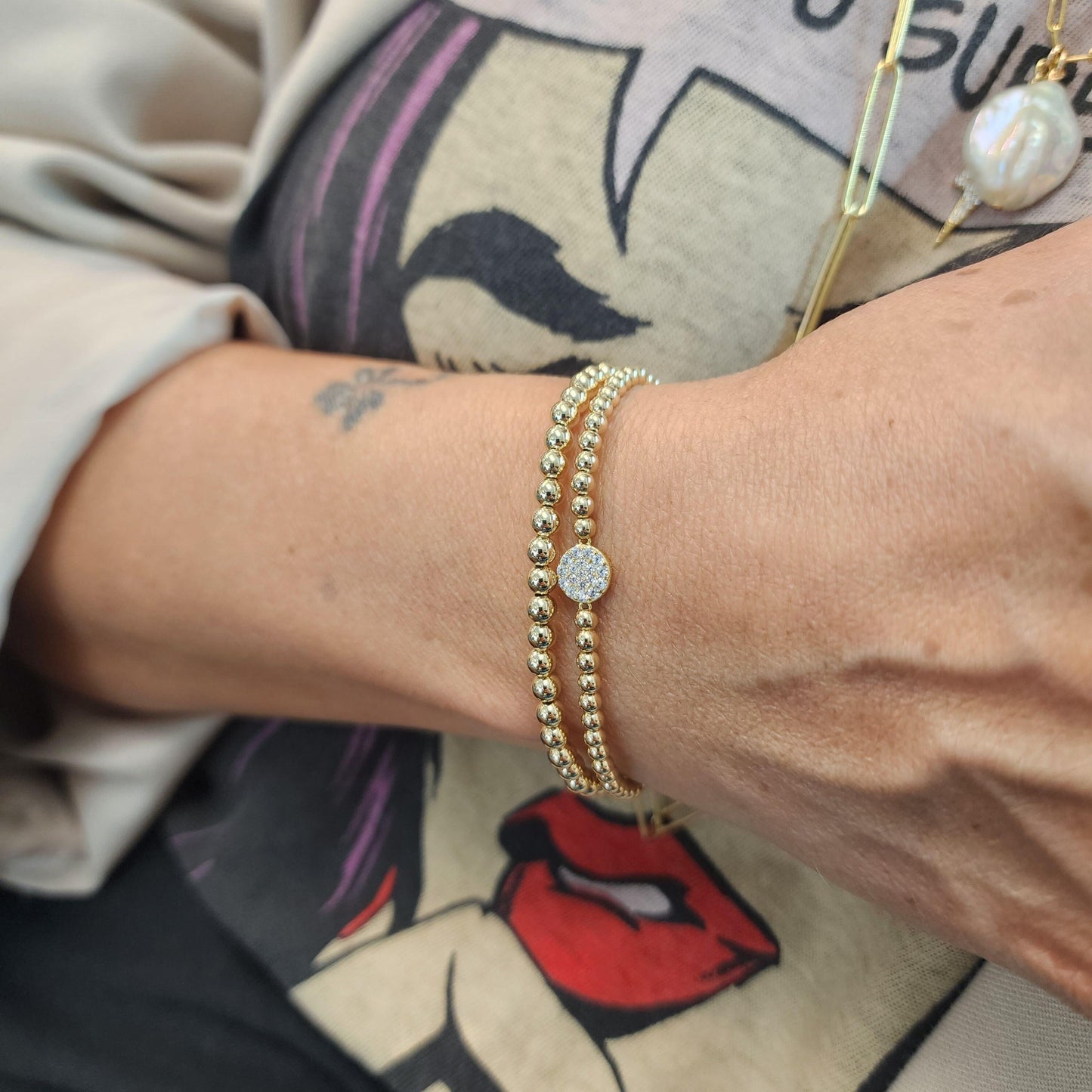 14kt Gold Filled CZ Disc Stretch Beaded Bracelet for Women by Isabella Celini