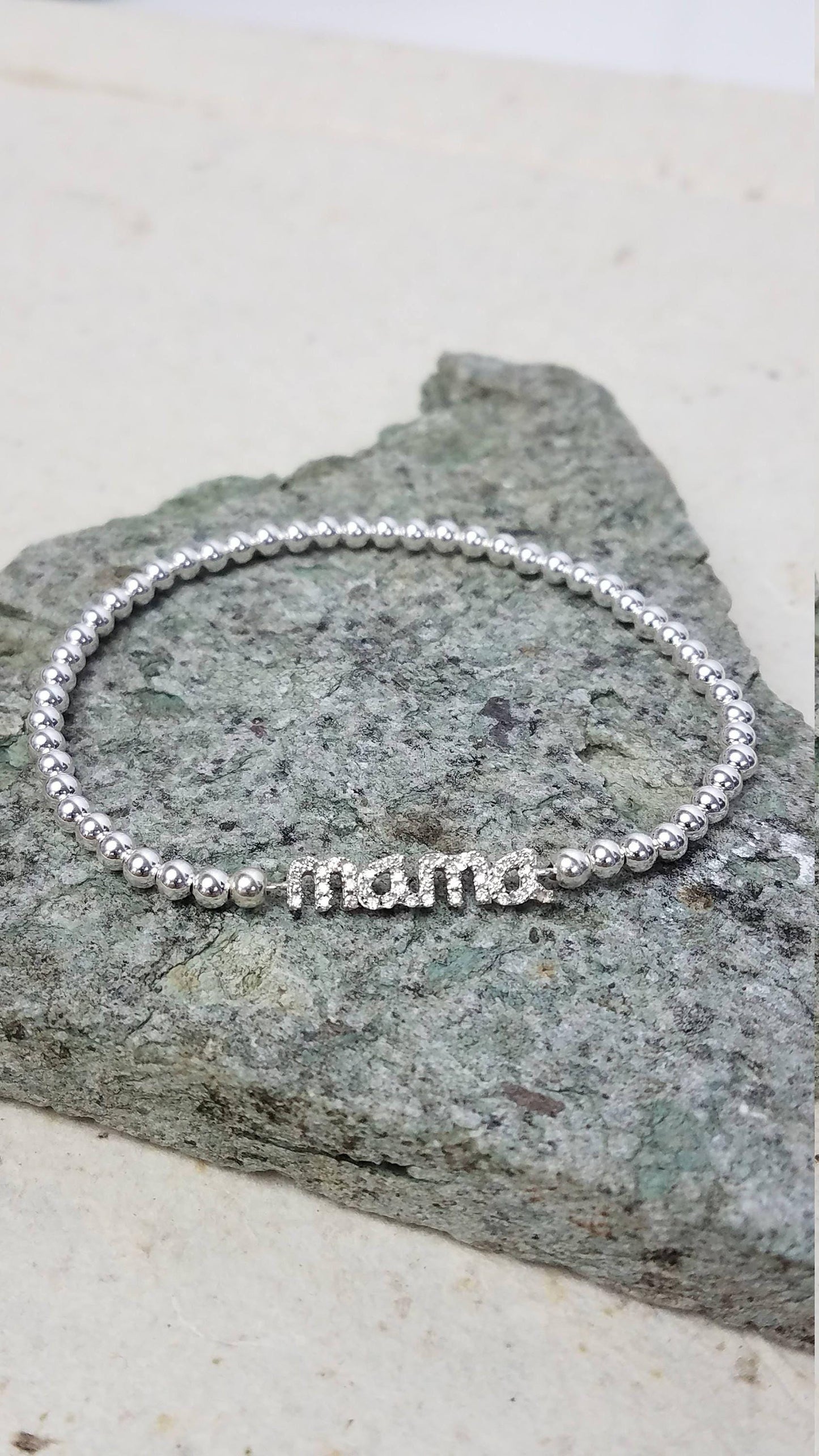 Delicate Gold Filled Beaded Mama Pendant Bracelet with Cubic Zirconia Stretch Band - Stacking Jewelry for All Occasions