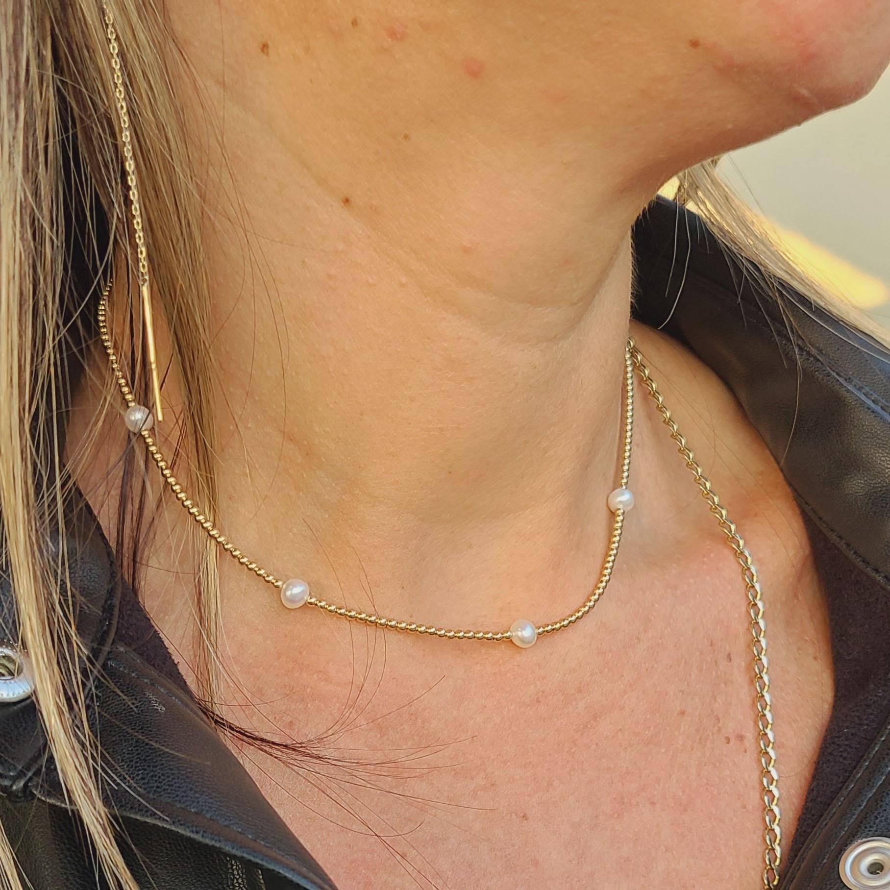 14kt Gold Filled Freshwater Pearl Station Necklace - Dainty Beaded Layering Necklace Tarnish-Free by Isabella Celini