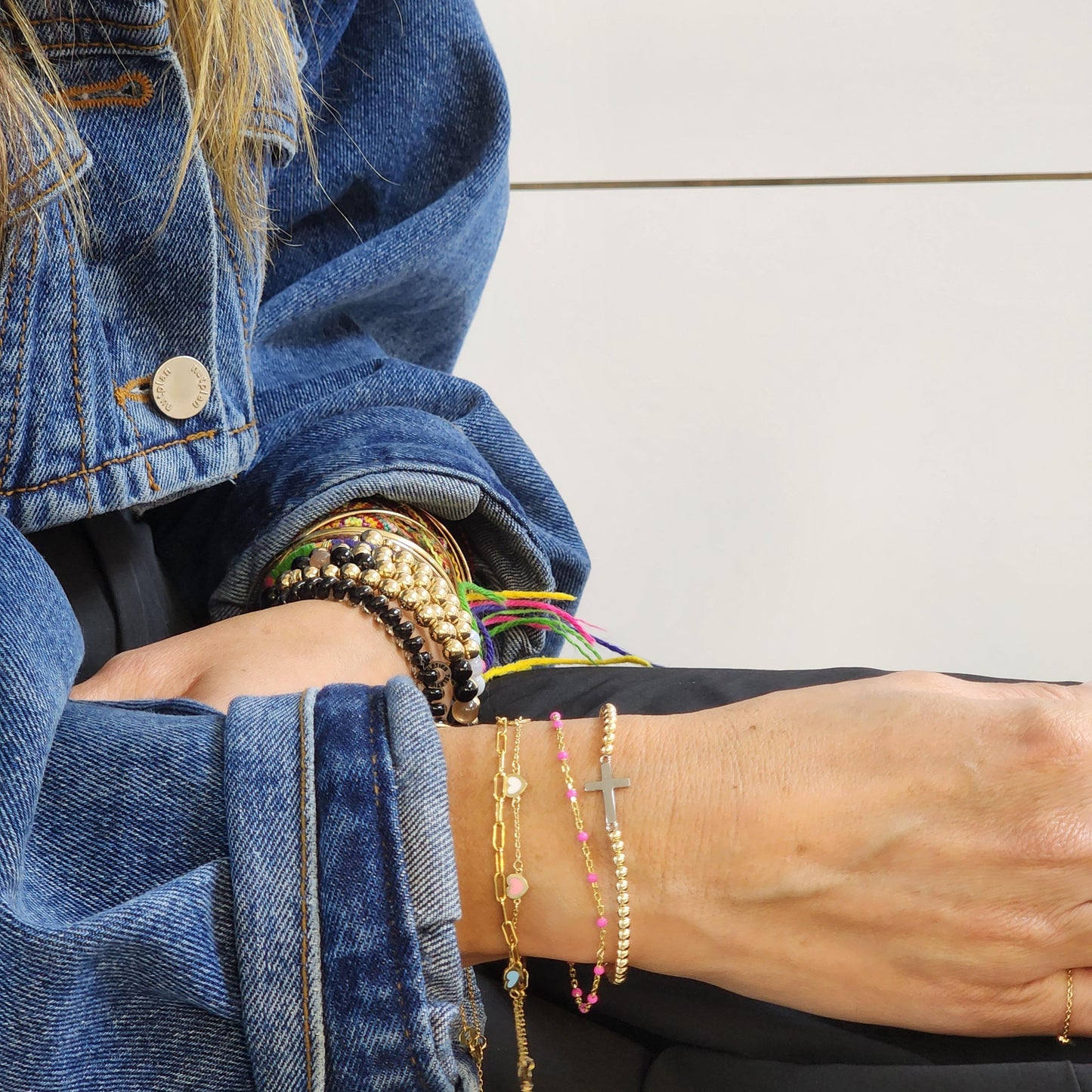 Dainty Gold Filled Cross Pendant Beaded Bracelet - Religious Women's Layering Jewelry