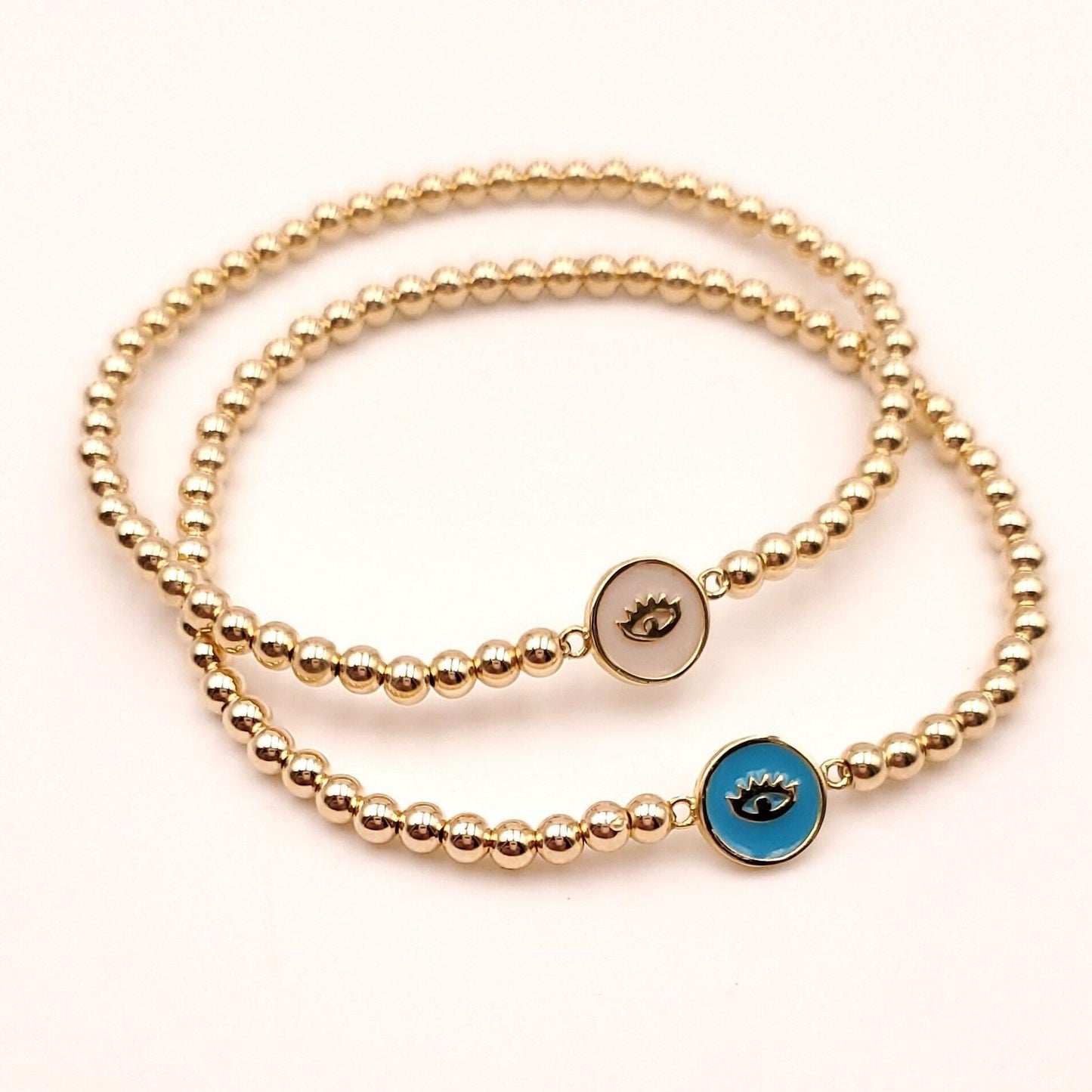 Small Round Enamel Evil Eye Gold Filled Bracelet, Isabella Celini, Gold Filled Beaded, Stretch Stacking Bracelet, Protection Bracelet
