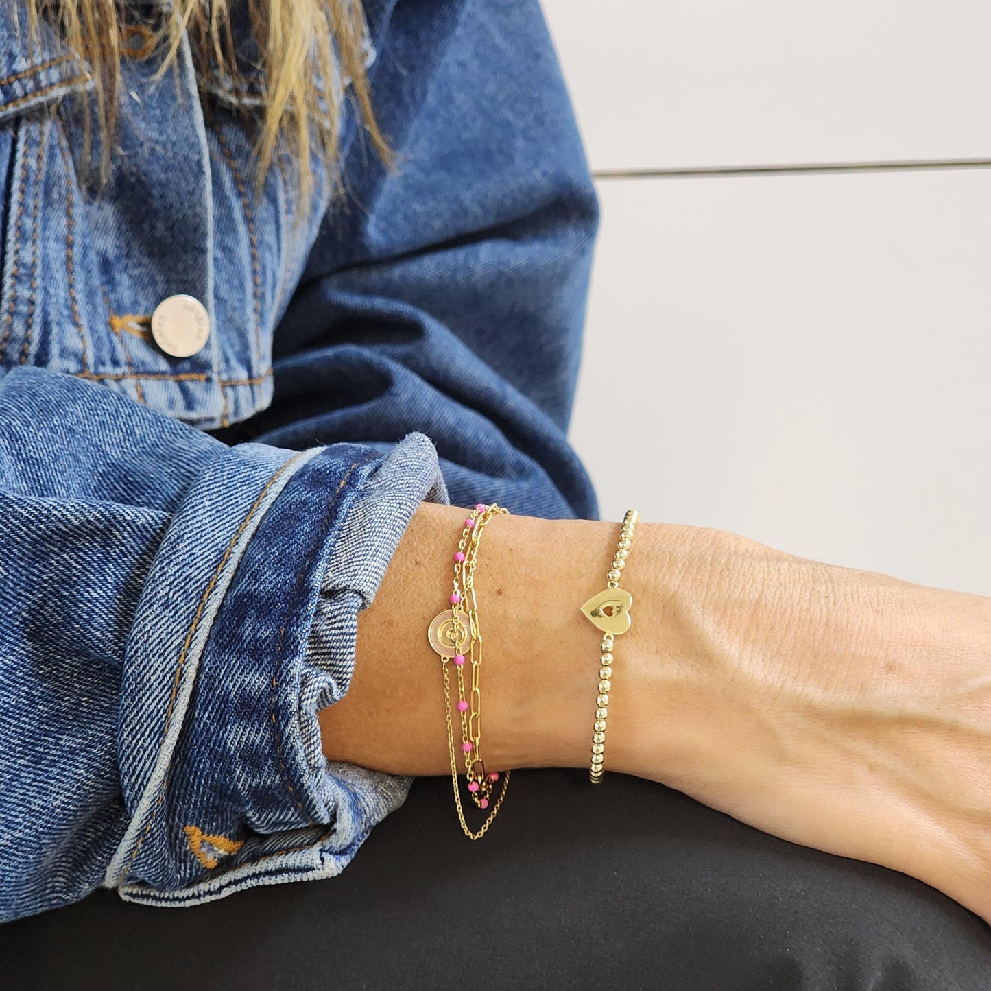 Gold Filled Love Heart Stretch Bracelet for Women - Stacking Beaded Bracelet