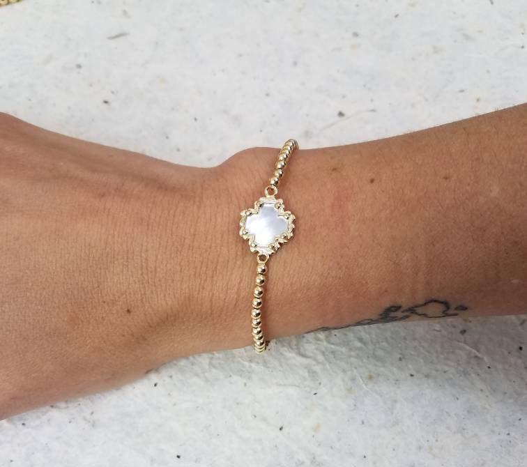 Gold Filled Beaded Cross Stacking Bracelet - Mother of Pearl Cross Pendant Bracelet - Perfect Gift