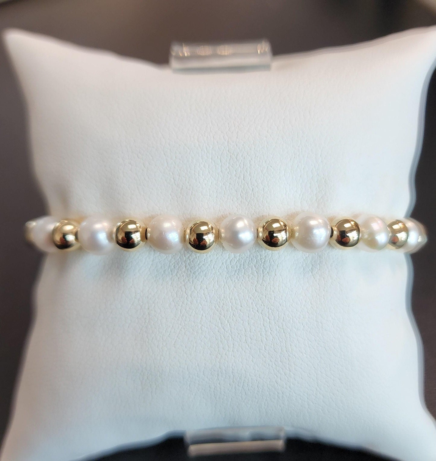 14KT Gold Filled Beaded Bracelet - Stretch Fresh Water Pearl Layering Design - Tarnish Free Jewelry