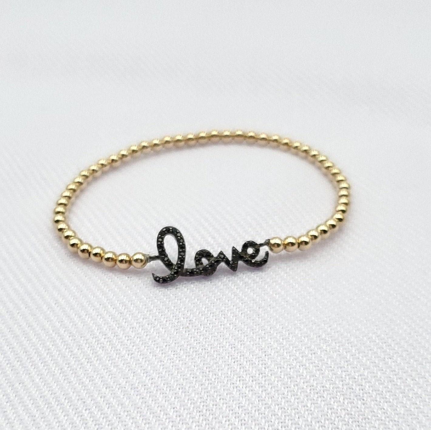 Dainty Gold Filled Beaded Script Love Bracelet - CZ Pendant Stacking Jewelry for Women - Special Gift for Her