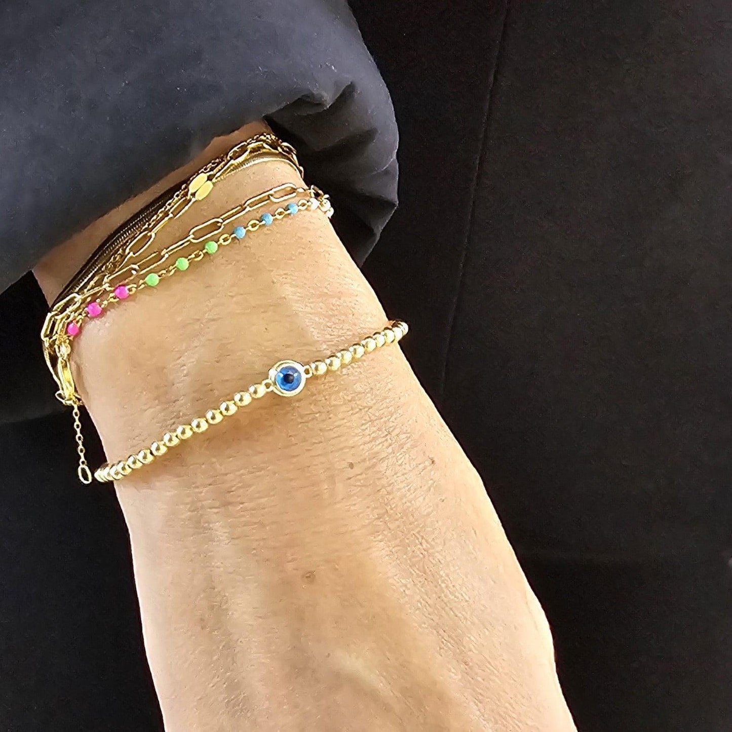 14kt gold filled jewelry, gold filled bracelet, beaded bracelet, tarnish free jewelry, tarnish free bracelet, stackable bracelet, stretch bracelet, evil eye pendant, evil eye bracelet