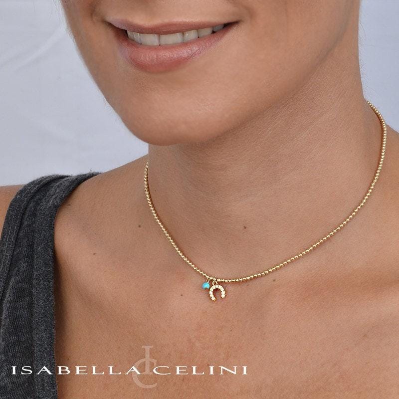 Dainty Gold Filled Beaded Necklace with Horse Shoe Charm and Cubic Zirconia for Women by Isabella Celini