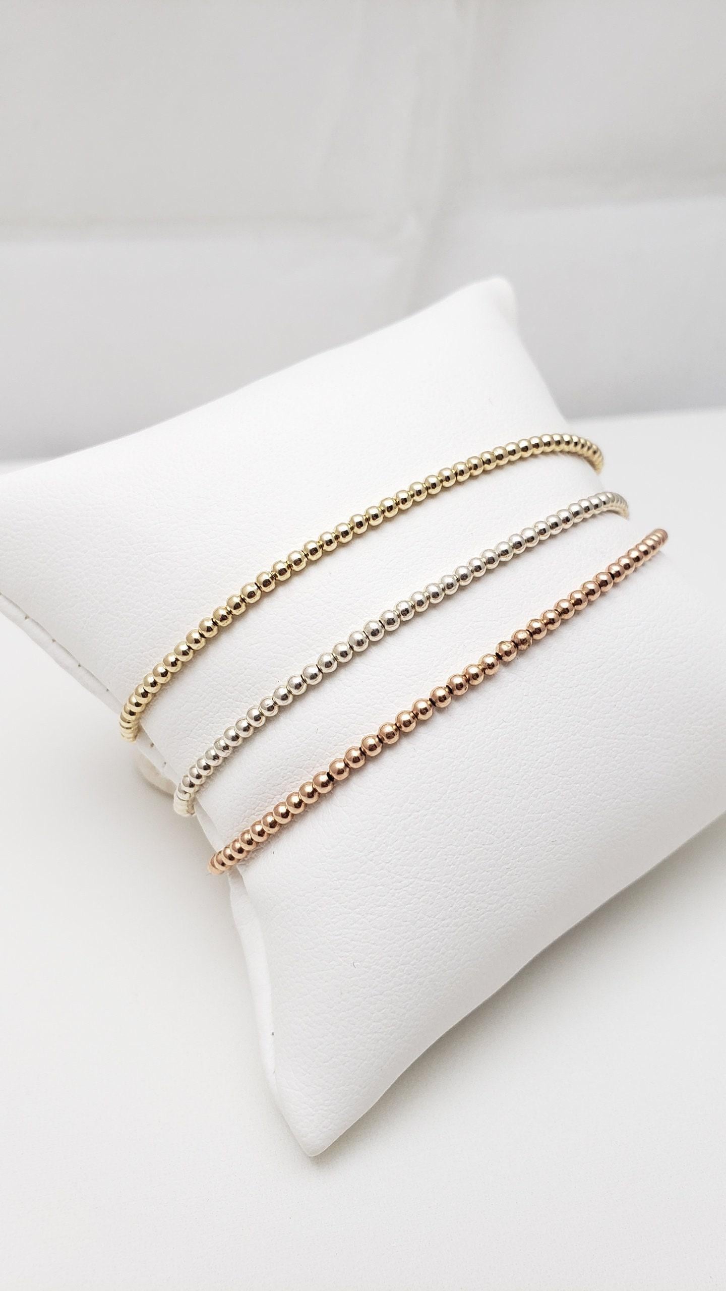 Gold Filled 2mm Beaded Bracelet - Boho  Hippie Style - Stretchy Cord for Layering - Tarnish Free and Waterproof