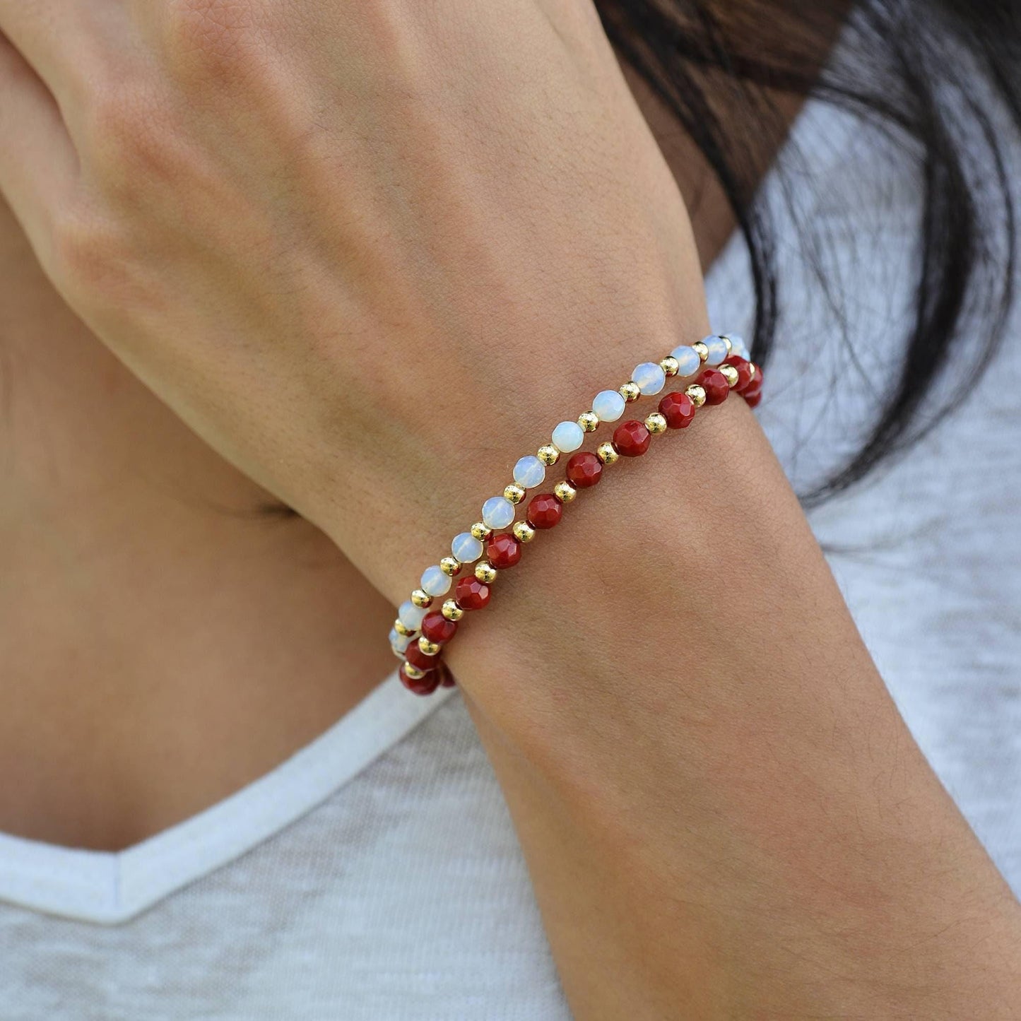 Delicate Gold Filled Stackable Bracelet with Semi Precious Beads - Customizable