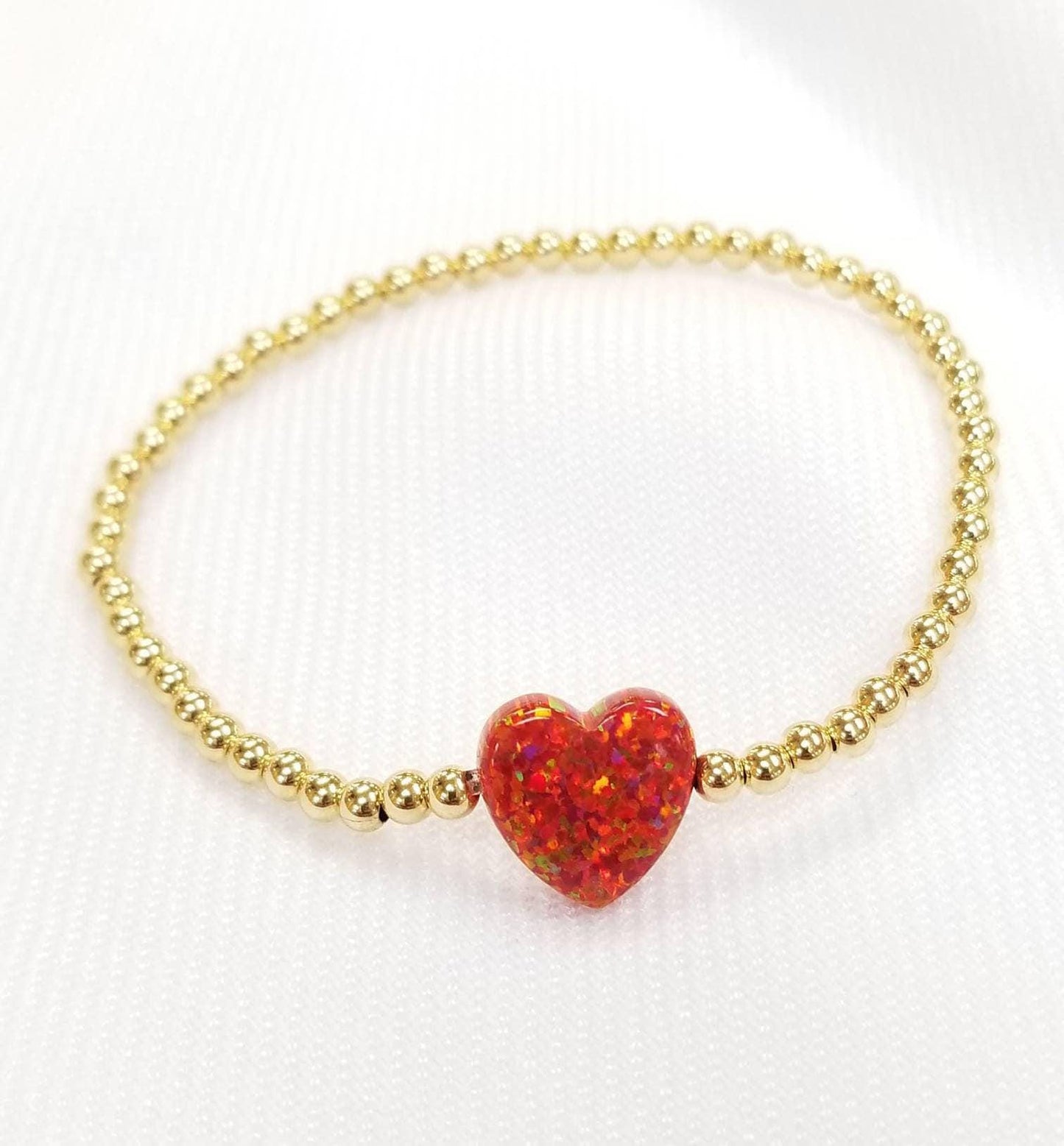 Opal Heart Pendant Stretch Bracelet - Gold Filled Beads - Stackable Adjustable - Womens Jewelry