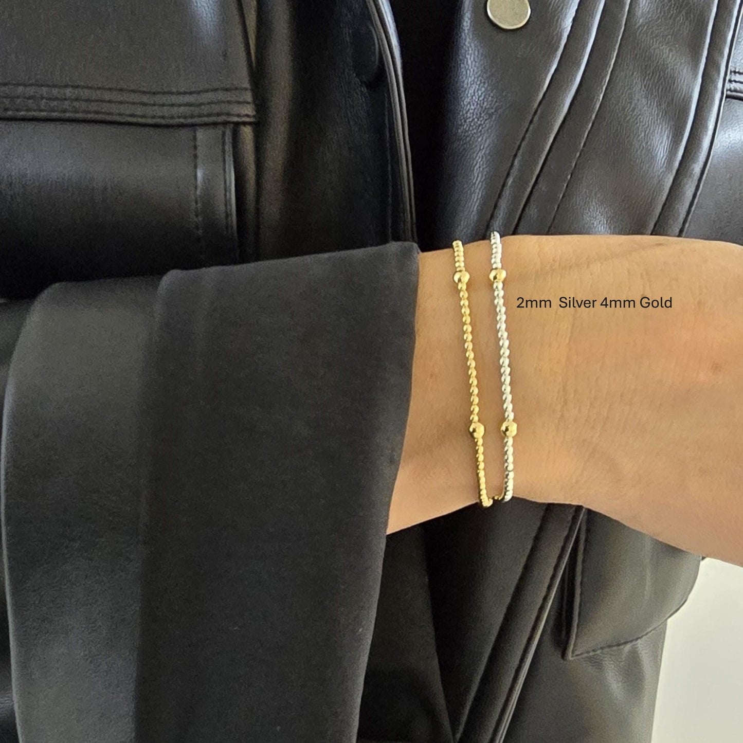 2 mm with 4 mm Gold Filled Beads Bracelet, Stackable Station Beaded & Delicate Adjustable Layering Bracelet