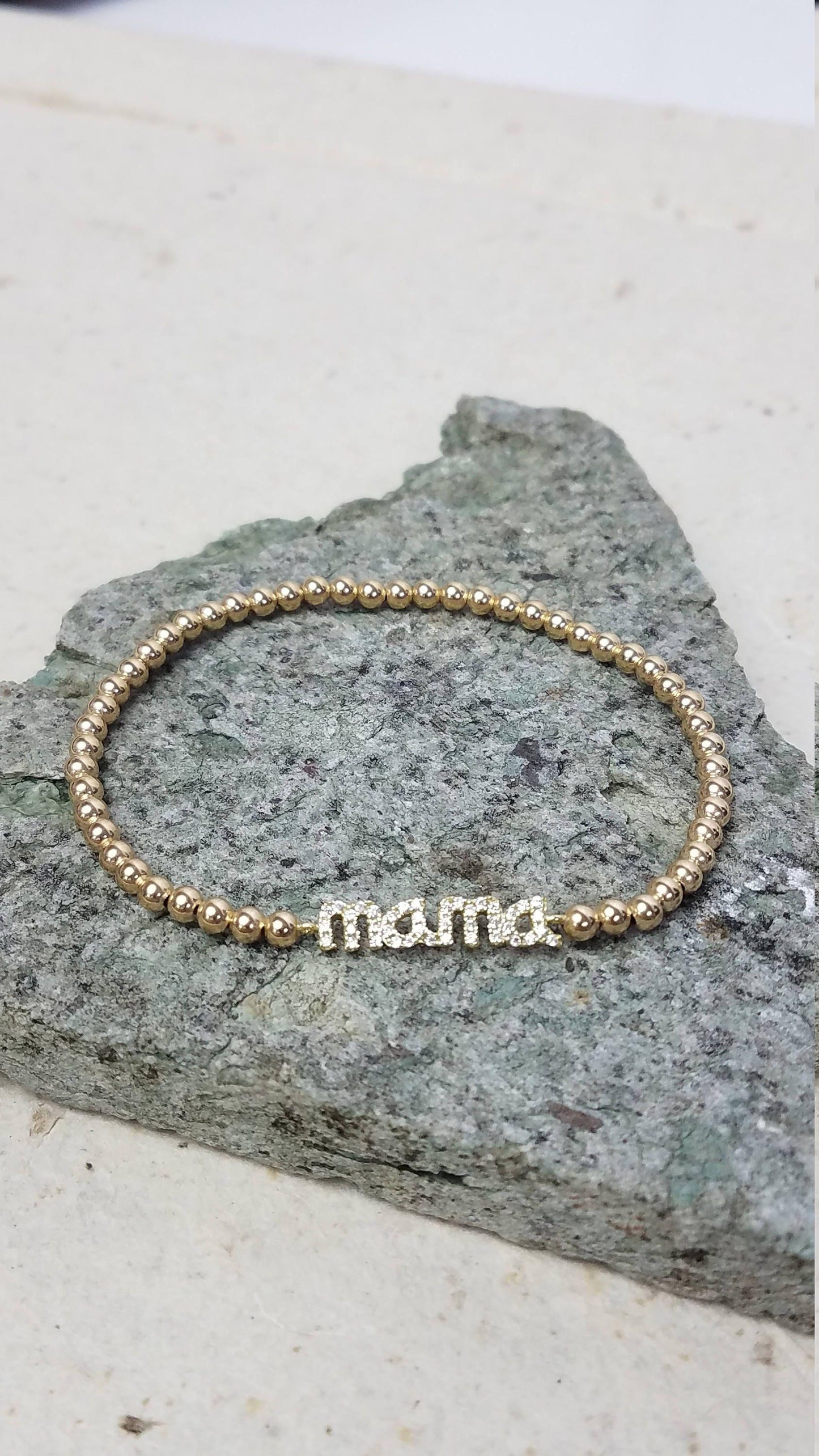 Delicate Gold Filled Beaded Mama Pendant Bracelet with Cubic Zirconia Stretch Band - Stacking Jewelry for All Occasions