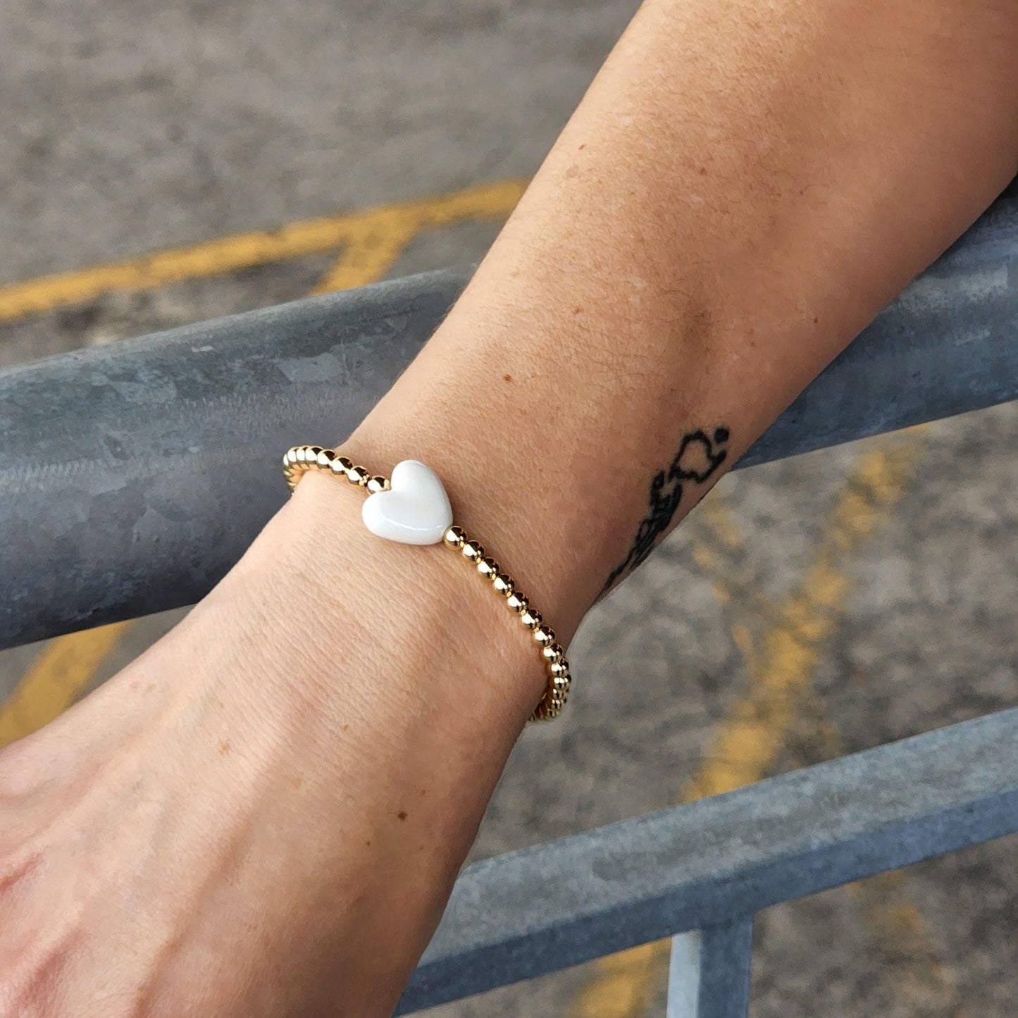 Heart Pendant Stackable Love Bracelet - Gold Filled Beaded Stretch Bracelet Gift for Her