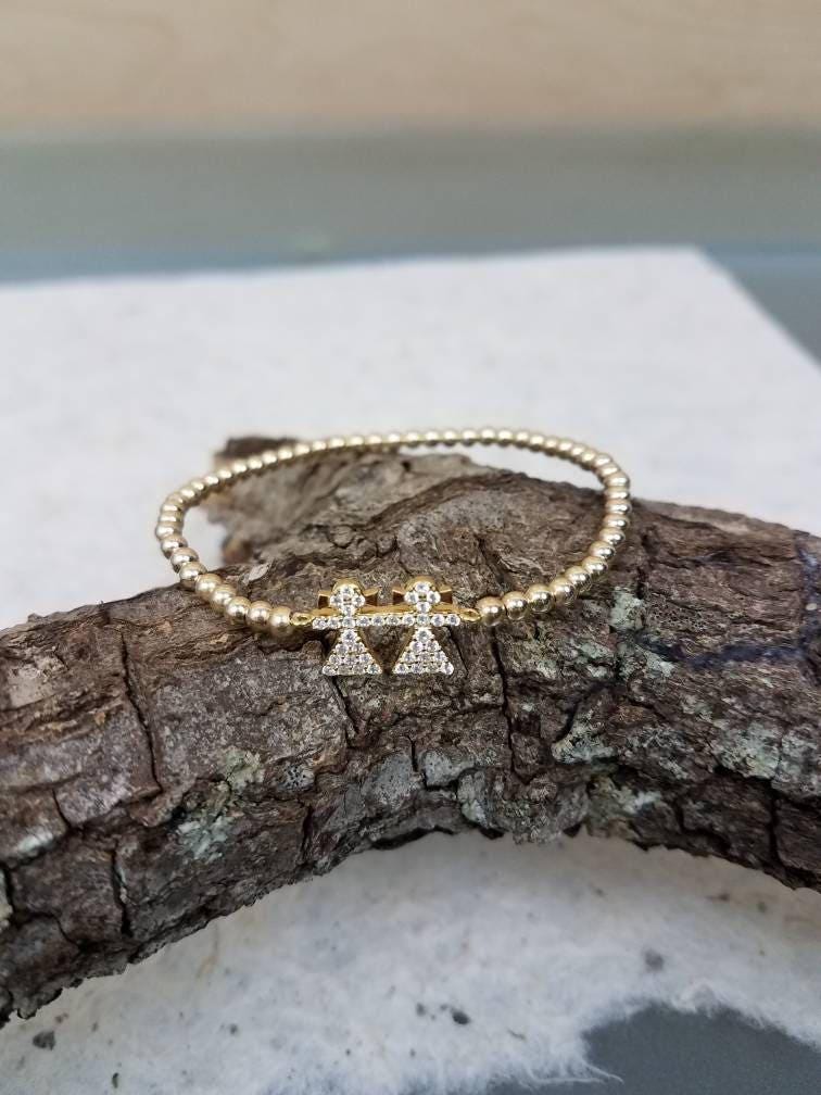 Sisters Pendant Gold Filled Beaded Bracelet with CZ Accents - Stretch Fit and Stackable - Handmade Jewelry