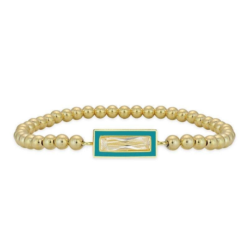 14kt Gold Filled CZ Pendant Bracelet - Beaded Stretch Stackable - Rectangular Design with Enamel