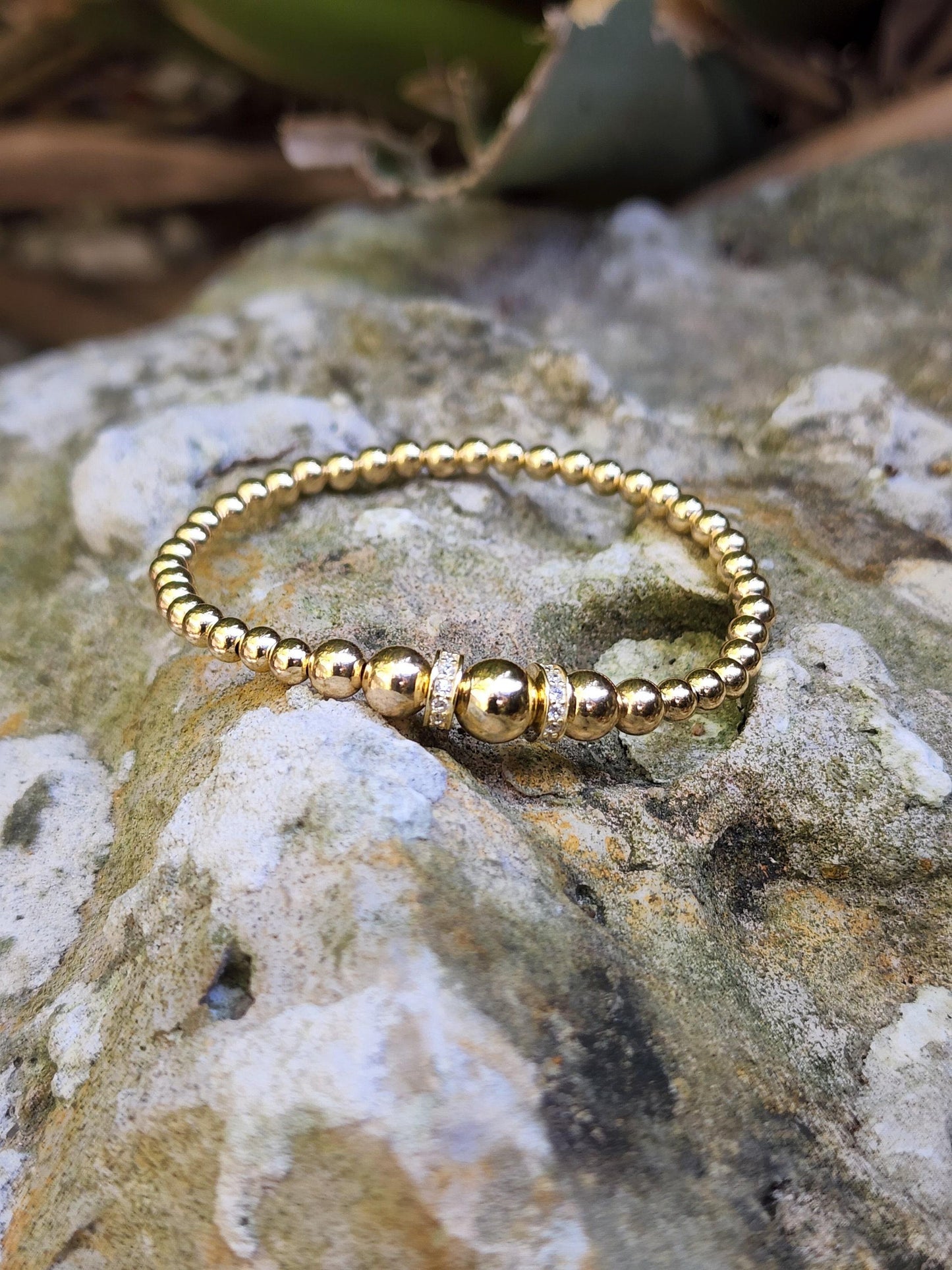 Adjustable Gold Filled Beaded Bracelet with Round CZ Pendant - Stretch Stacking Bracelet for Women