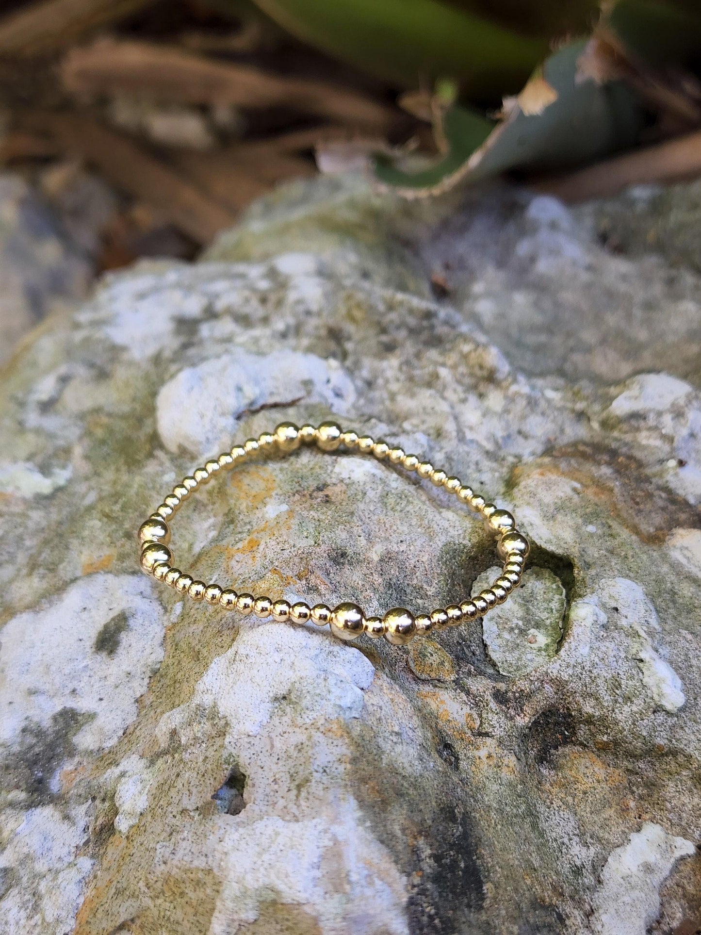 14kt Gold Filled Stacking Beaded Bracelet - 3 mm and 5 mm Station Beaded Ladies Waterproof and Tarnish-Free Stretch Bracelet