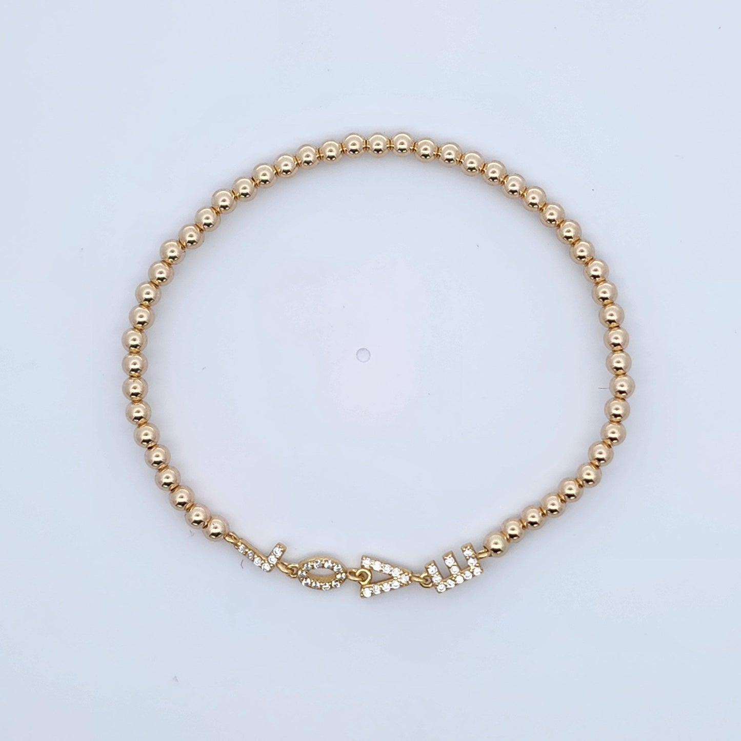 Stretch Gold Filled Love Bracelet with CZ Pendant - Dainty Womens Stacking Bracelet