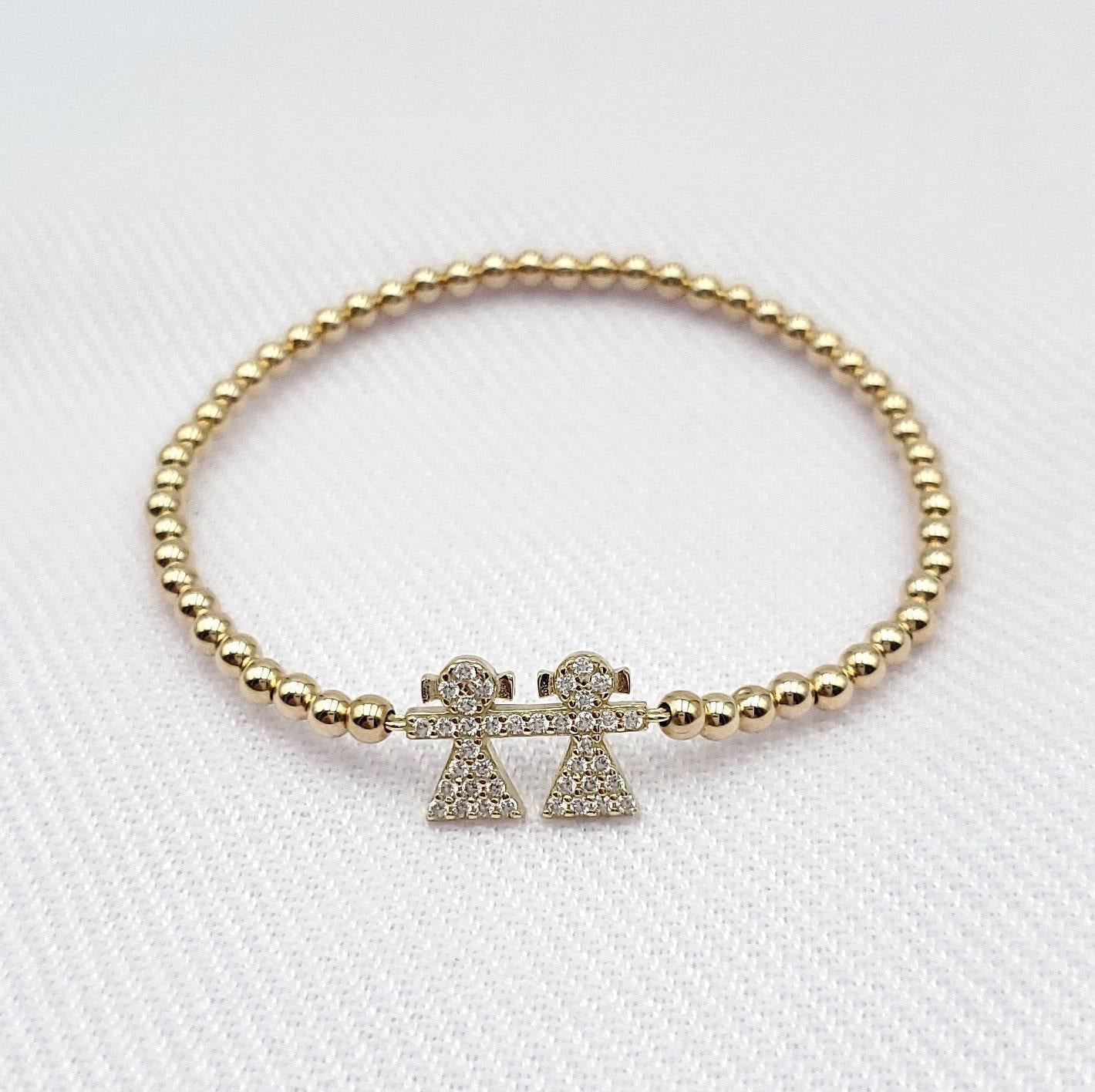 Sisters Pendant Gold Filled Beaded Bracelet with CZ Accents - Stretch Fit and Stackable - Handmade Jewelry