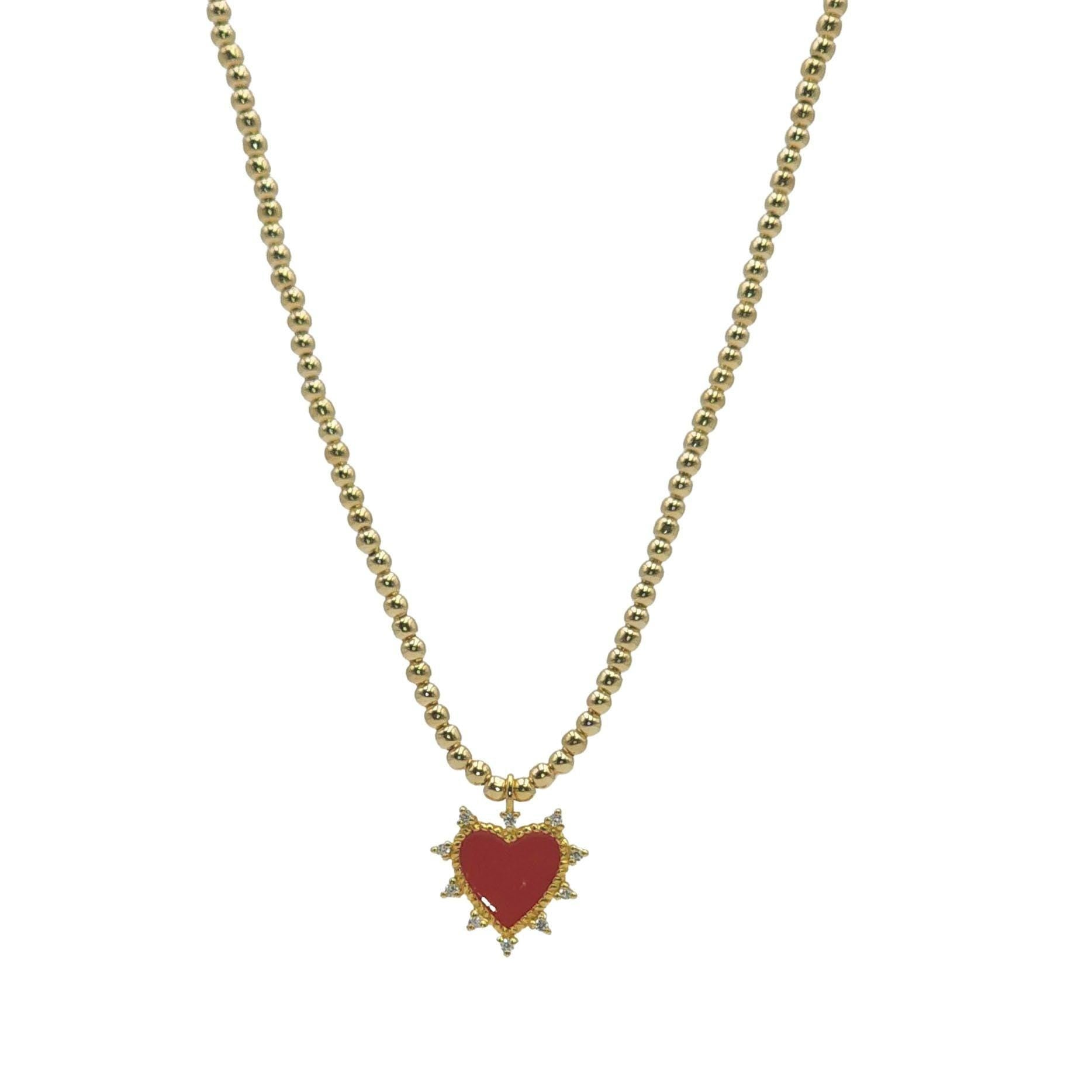 Dainty Red Heart Pendant Necklace with Gold Beads