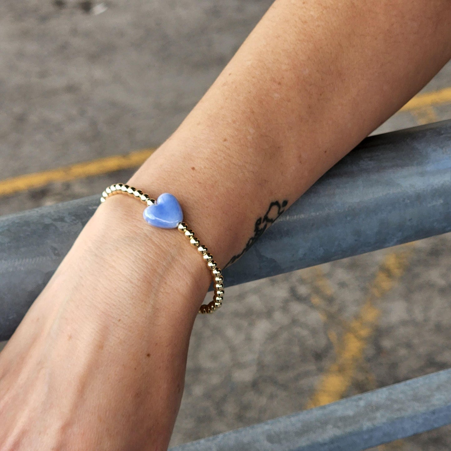 Heart Pendant Stackable Love Bracelet - Gold Filled Beaded Stretch Bracelet Gift for Her
