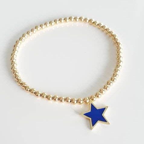 Gold Filled Celestial Charm Bracelet - Enamel Star Stretch Beaded Jewelry by Isabella Celini
