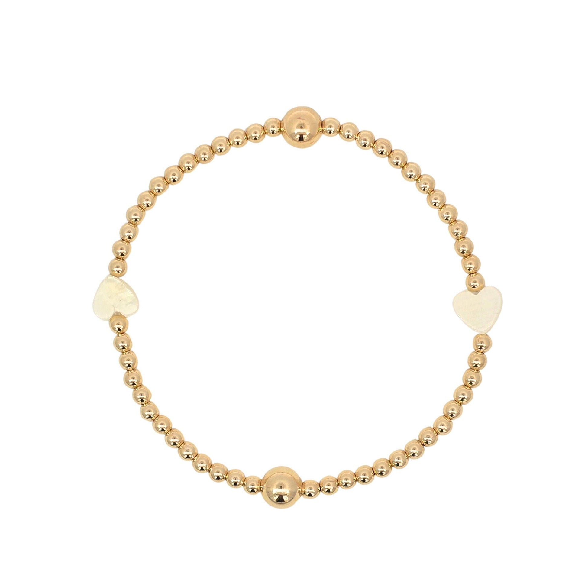 14kt gold filled jewelry, gold filled bracelet, beaded bracelet, tarnish free jewelry, tarnish free bracelet, stackable bracelet, stretch bracelet, heart pendant, mother of pearl heart