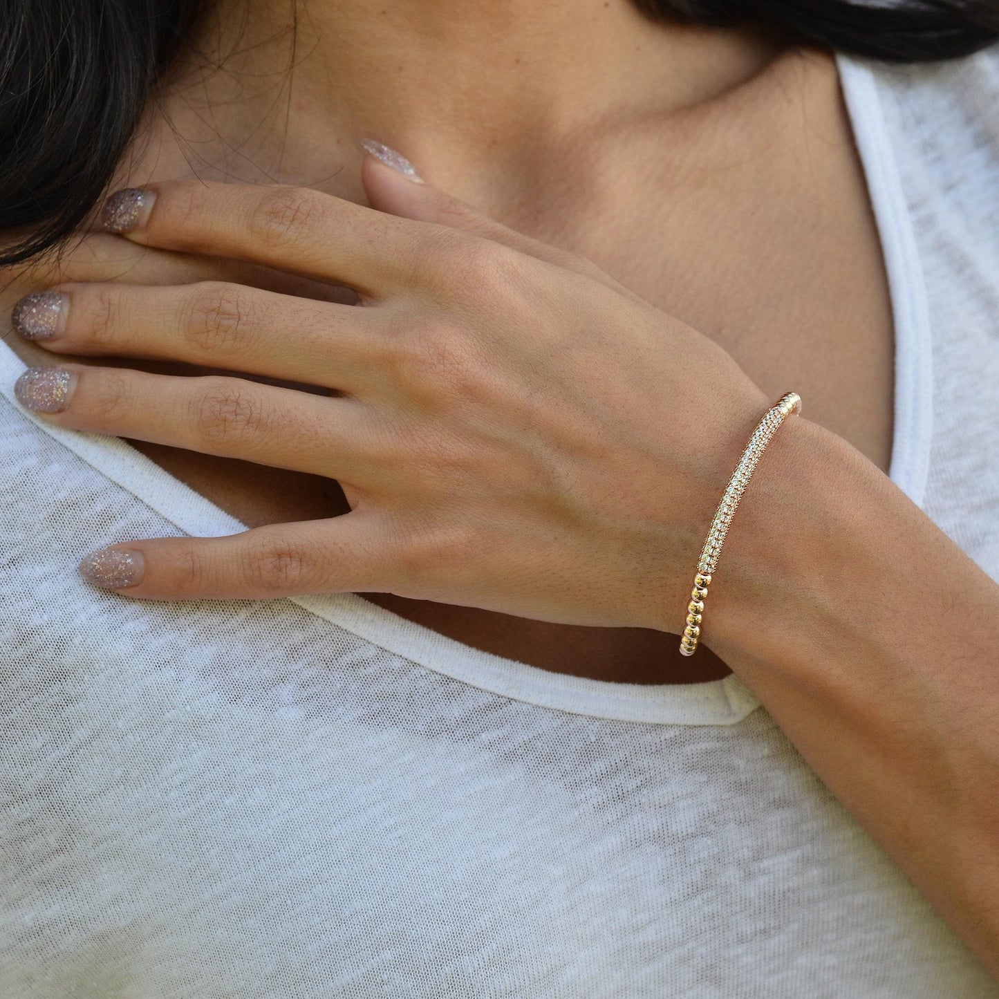 Gold Filled CZ Pave Bar Bracelet for Women - Stretchable Stacking Bridesmaid Jewelry