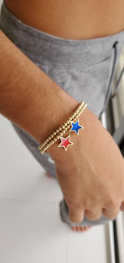 Gold Filled Celestial Charm Bracelet - Enamel Star Stretch Beaded Jewelry by Isabella Celini