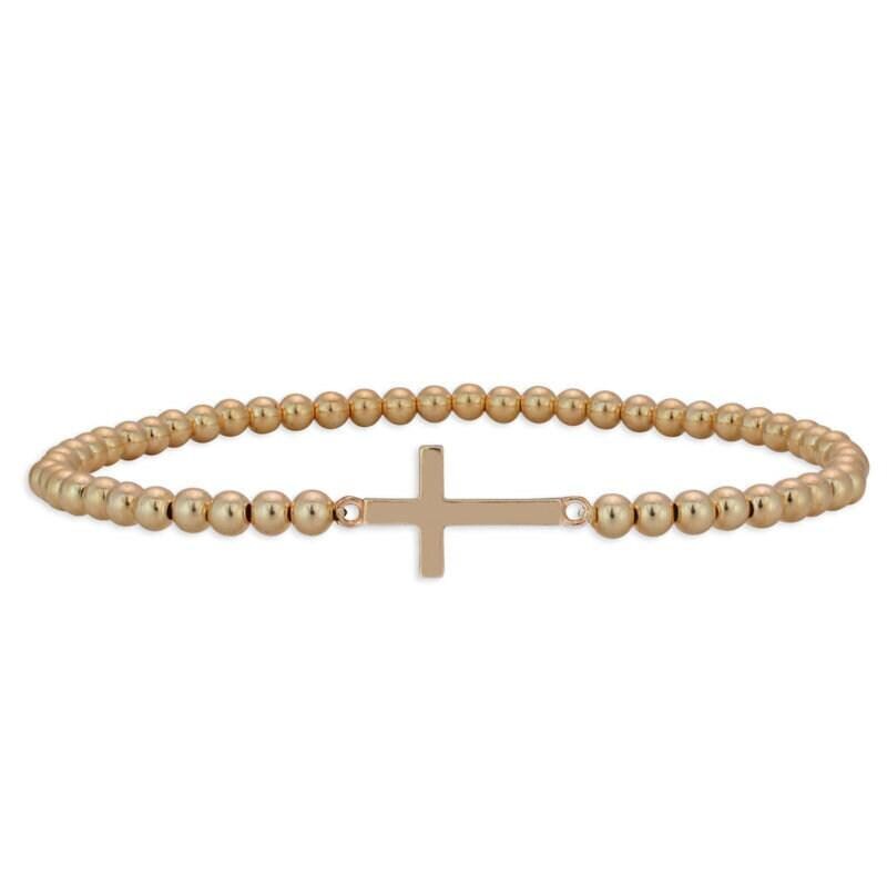 Dainty Gold Filled Cross Pendant Beaded Bracelet - Religious Women's Layering Jewelry