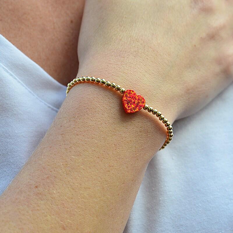 Opal Heart Pendant Stretch Bracelet - Gold Filled Beads - Stackable Adjustable - Womens Jewelry
