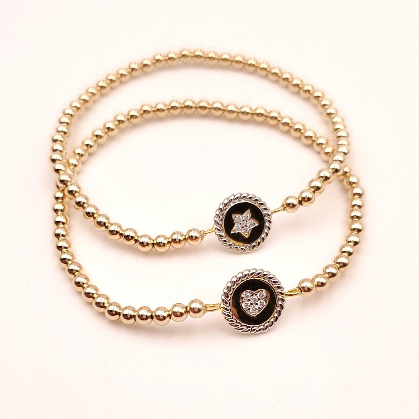Heart Disc Pendant Bracelet with Cubic Zirconia Stone Accents for Ladies - Gold Filled Beads Bracelet