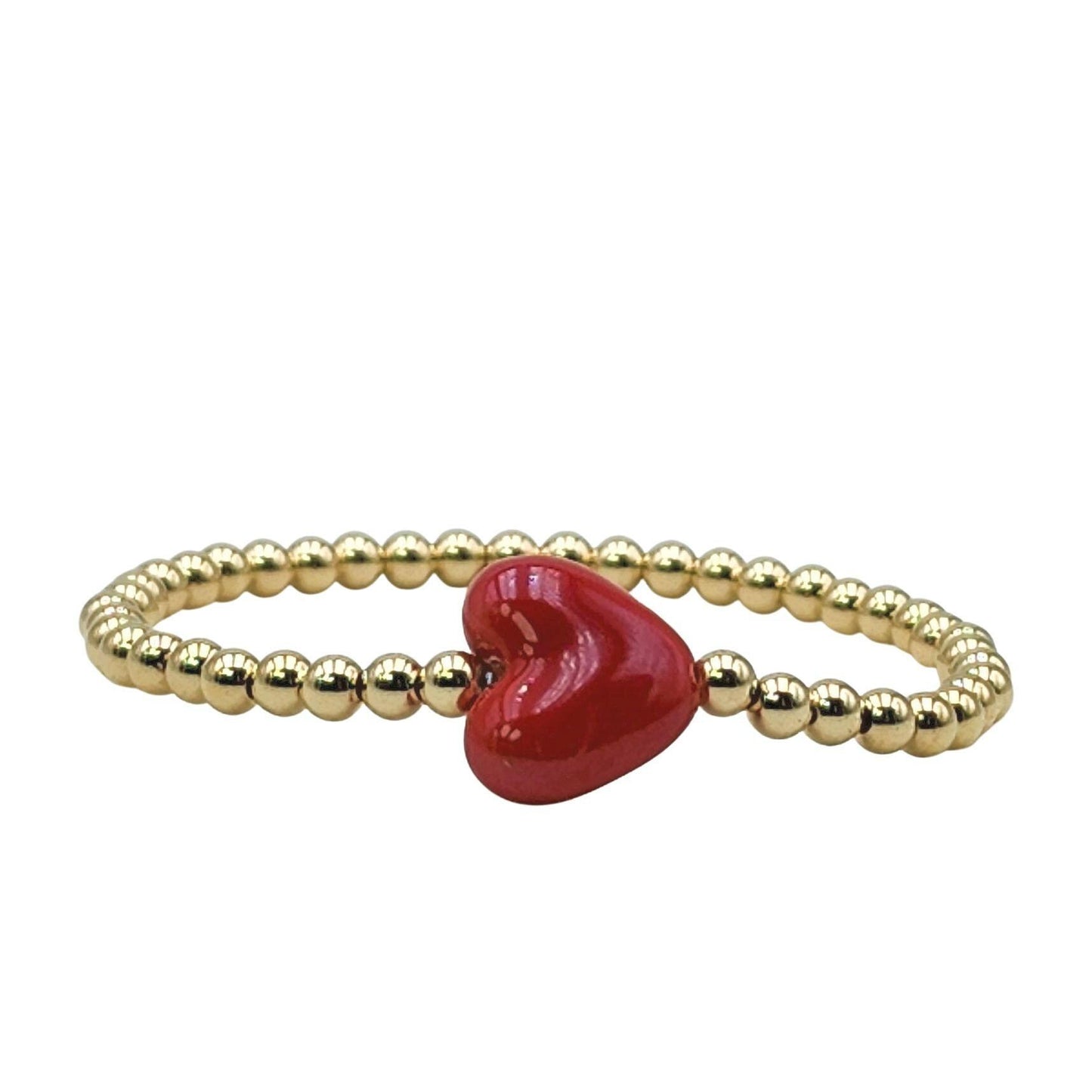 Heart Pendant Stackable Love Bracelet - Gold Filled Beaded Stretch Bracelet Gift for Her