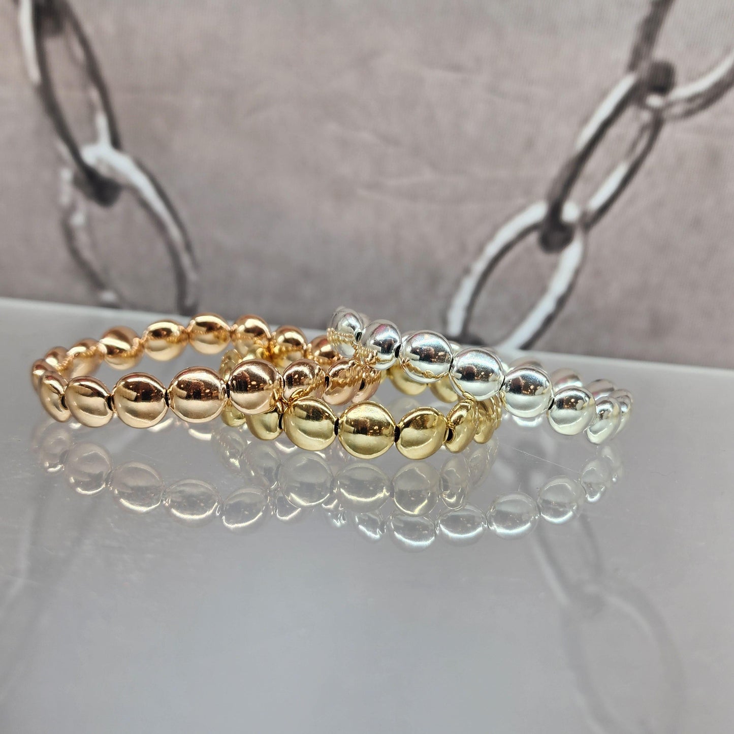 14kt Gold Filled Beaded Layering Bracelet - Tarnish Resistant Womens Everyday Wear - 10mm Flat Stretch