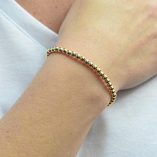 14K Gold Filled Beaded Bracelet for Women - Tarnish Free Waterproof 4mm - Handmade Stretch - Gold Filled Silver or Rose Gold Options