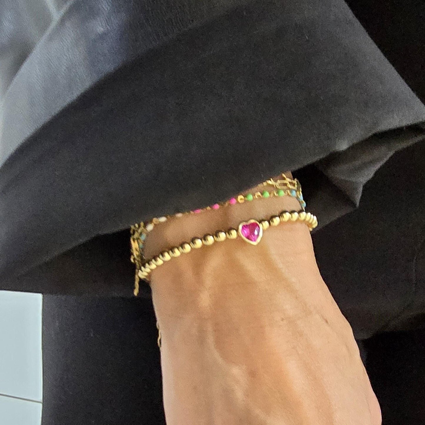 Gold Heart Stretch Bracelet with 14kt Gold Filled Beads and Sterling Silver Heart Pendant