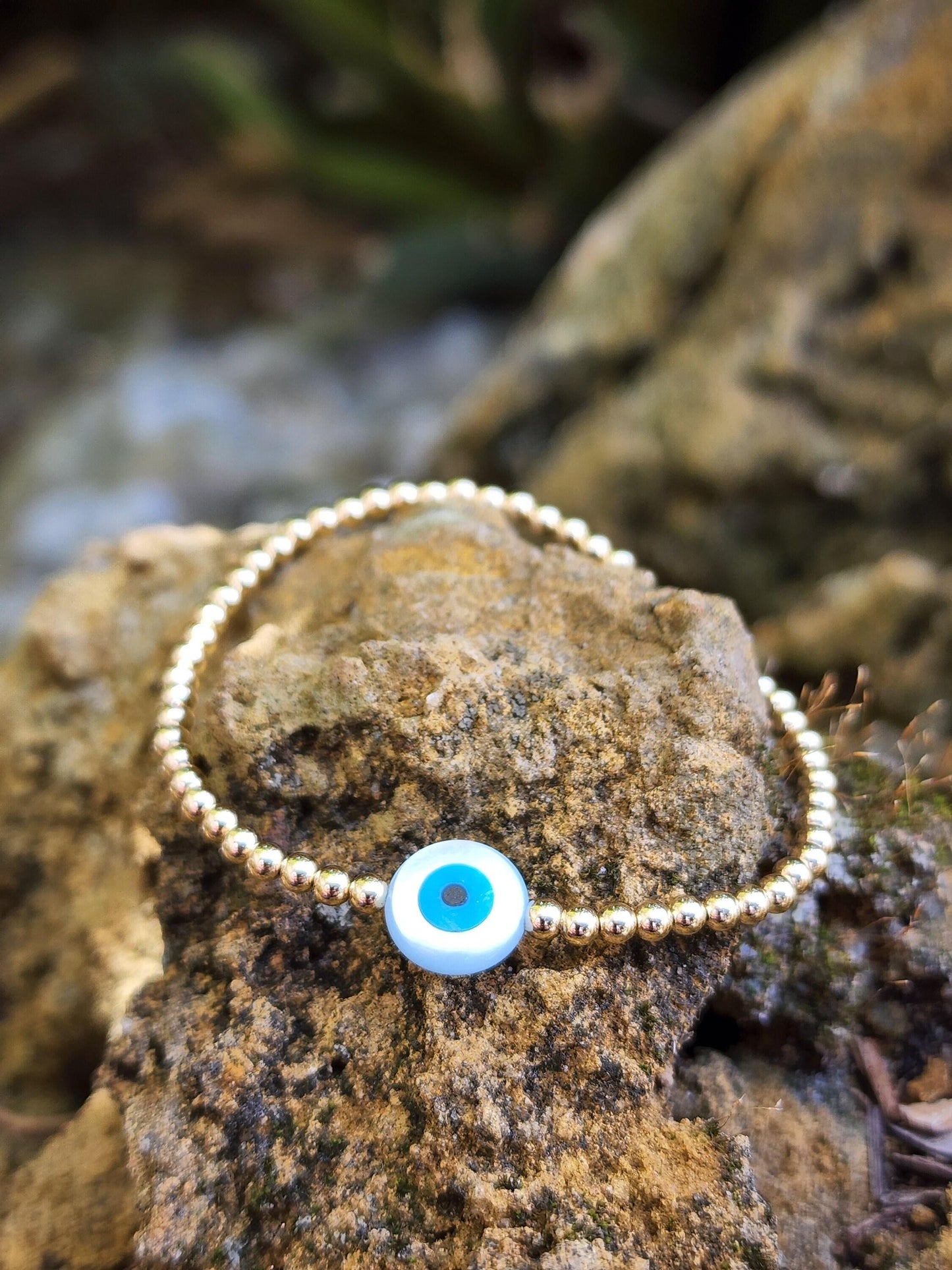Mother of Pearl Evil Eye Gold Filled Bracelet, Good Luck Eye , Isabella Celini, Gold Filled Beaded, Stacking Bracelet, Gift for Women