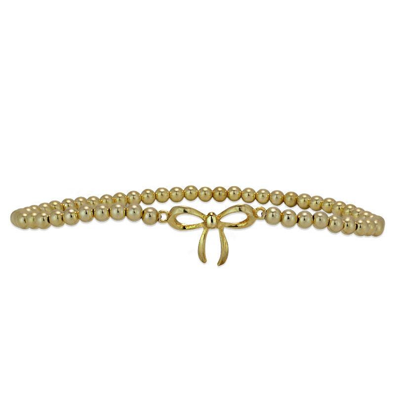 Gold Filled Bow Charm Stretch Bracelet with Cubic Zirconia Stones for Women - Stackable Beaded Design