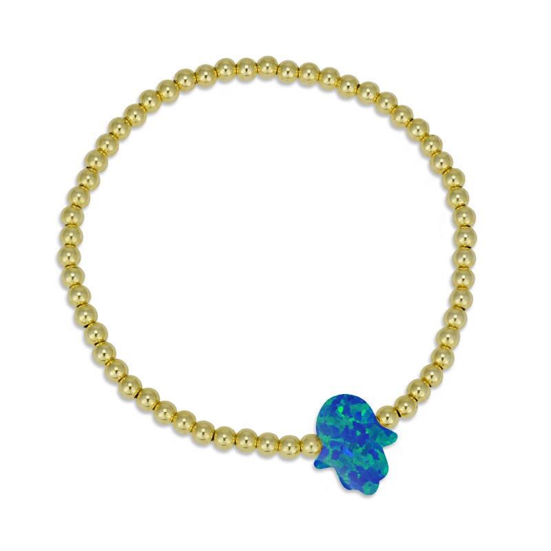 Gold Filled Beaded Opal Hamsa Bracelet, Hand Bracelet, Isabella Celini, Gold Filled Beads, Stretch Stacking Bracelet, Protection Bracelet