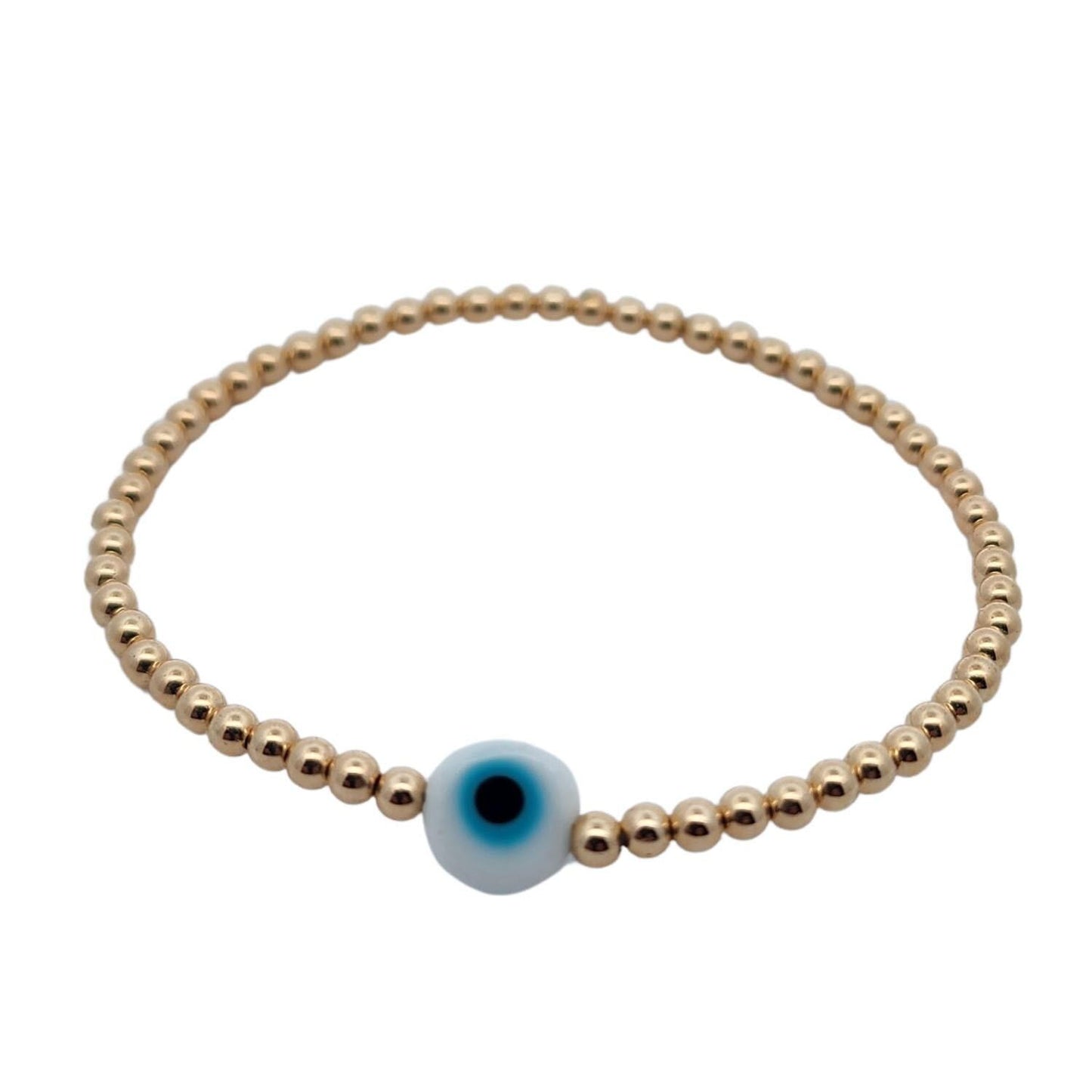 White Evil Eye Protection Bracelet - Gold Filled Good Luck Talisman - Tarnish Free Jewelry