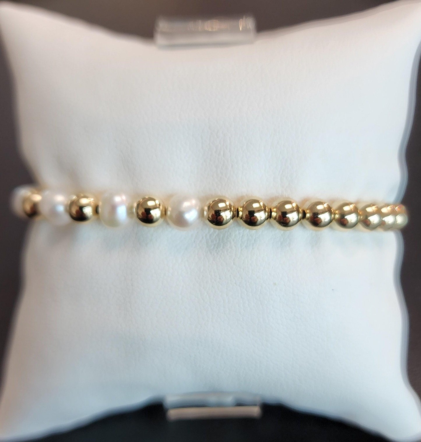 14KT Gold Filled Beaded Bracelet - Stretch Fresh Water Pearl Layering Design - Tarnish Free Jewelry