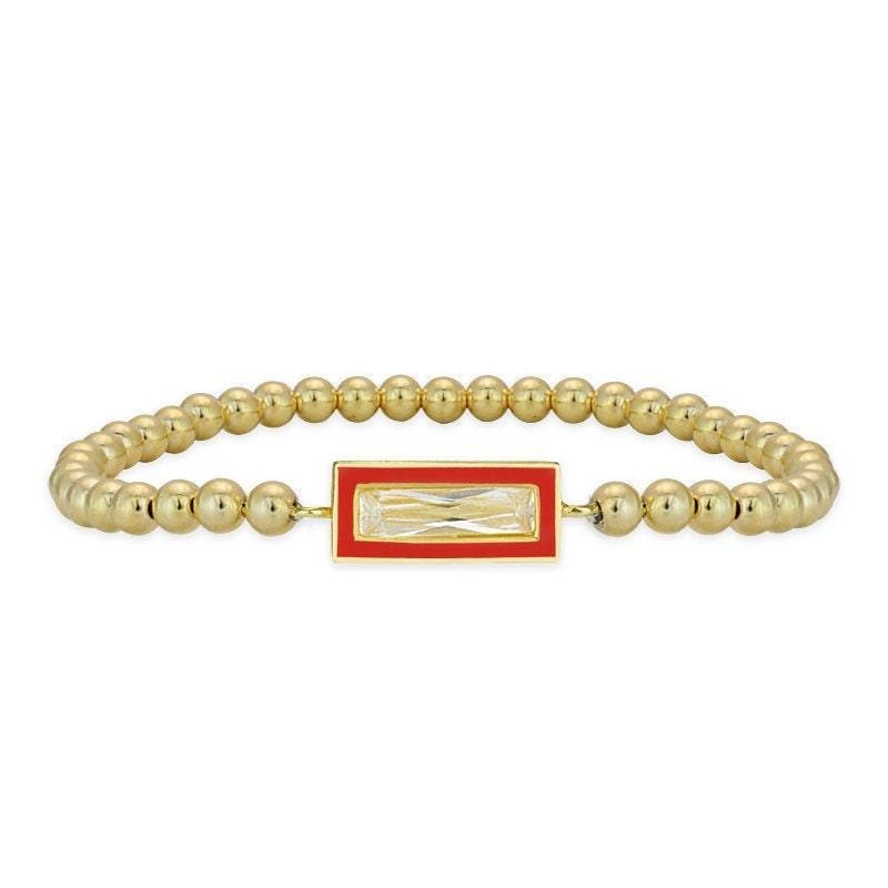 14kt Gold Filled CZ Pendant Bracelet - Beaded Stretch Stackable - Rectangular Design with Enamel