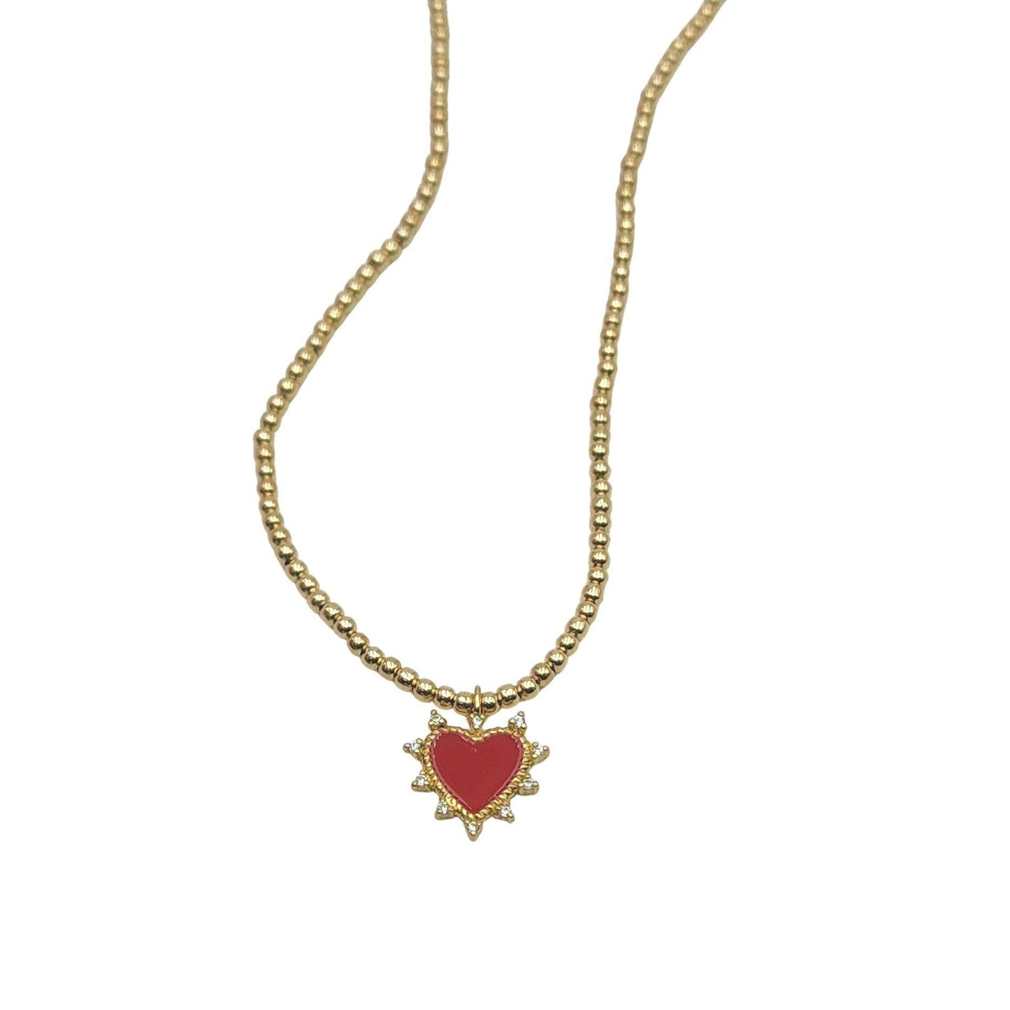 Dainty Red Heart Pendant Necklace with Enamel Finish and Gold-Filled Beads - Gift Idea for Woman