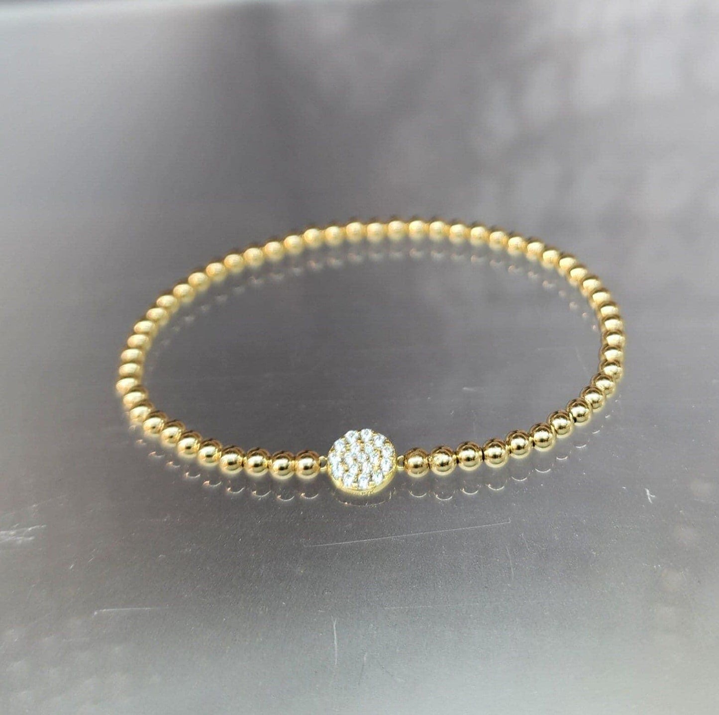 14kt Gold Filled CZ Disc Stretch Beaded Bracelet for Women by Isabella Celini