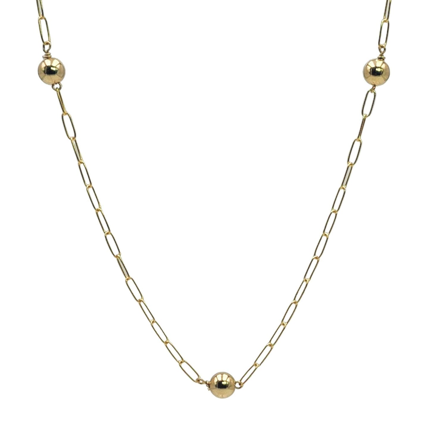 14kt Gold Filled Dainty Paper Clip Chain Beaded Station Necklace – Tarnish Free - Waterproof Jewelry
